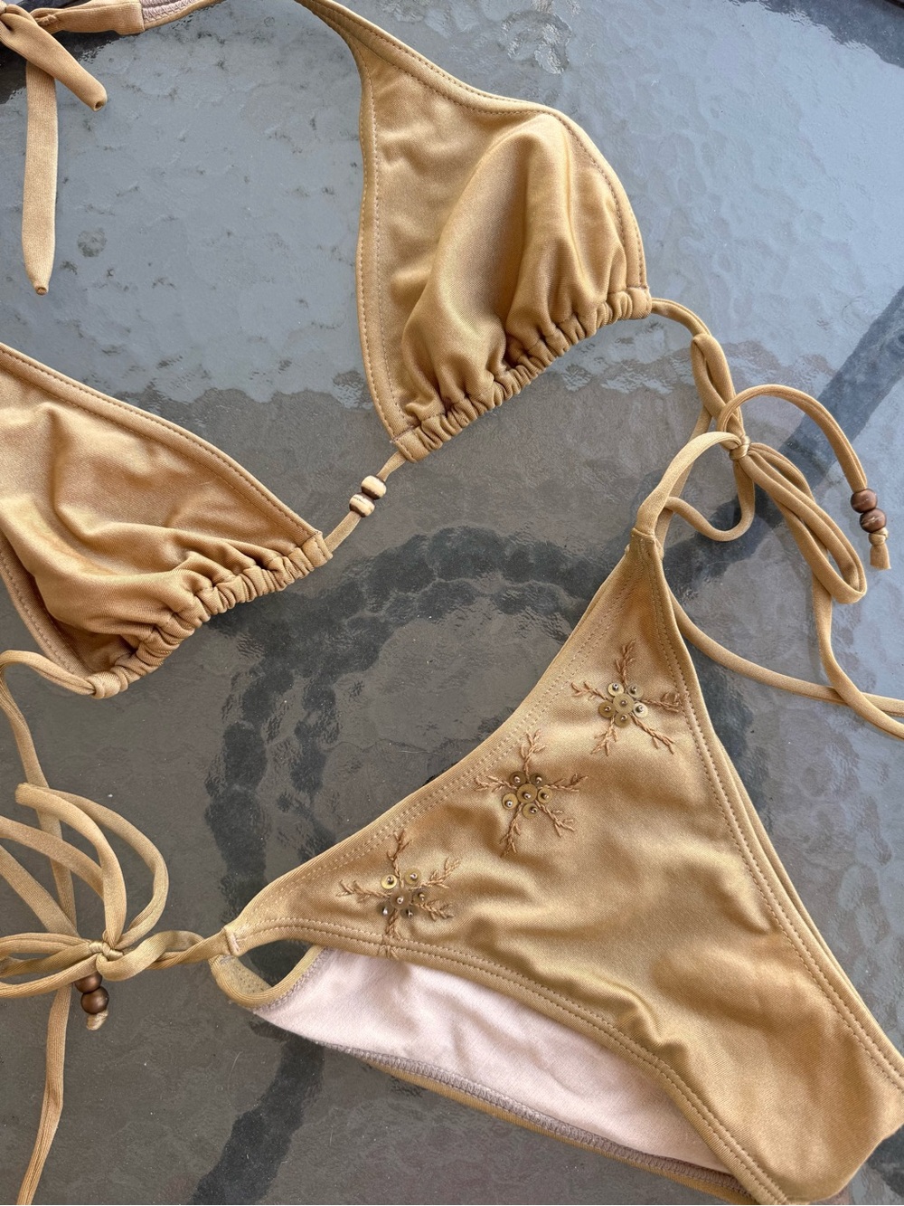 Gold Satin Beaded 2 Piece Triangle Halter Tie Side Bikini Set Stretch M B